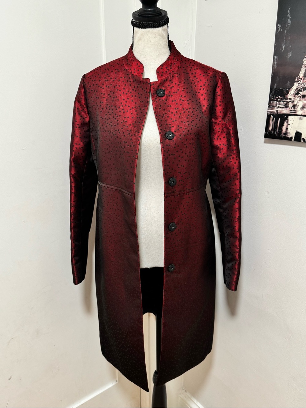 Anne Klein Red & Black Polka Dot Long Blazer Coat Size 0